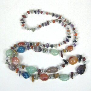 Agate Amethyst Jade Stone Chip Beaded Necklace 36 in Silvertone Strand